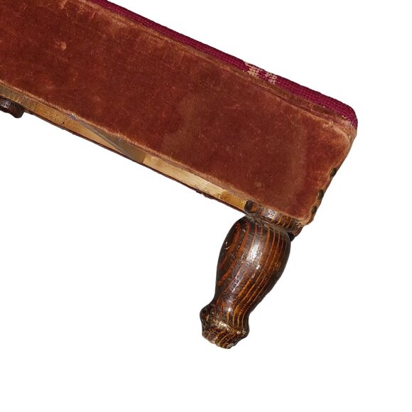 Vintage Floral Needlepoint Footstool with Velvet Sides & Solid Wood Legs 18"x12" - Picture 6 of 7